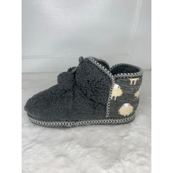 Womens Gray Sherpa Fleece Bootie Slippers With Pom-Poms & Sheep Print Backing - Picture 5 of 8